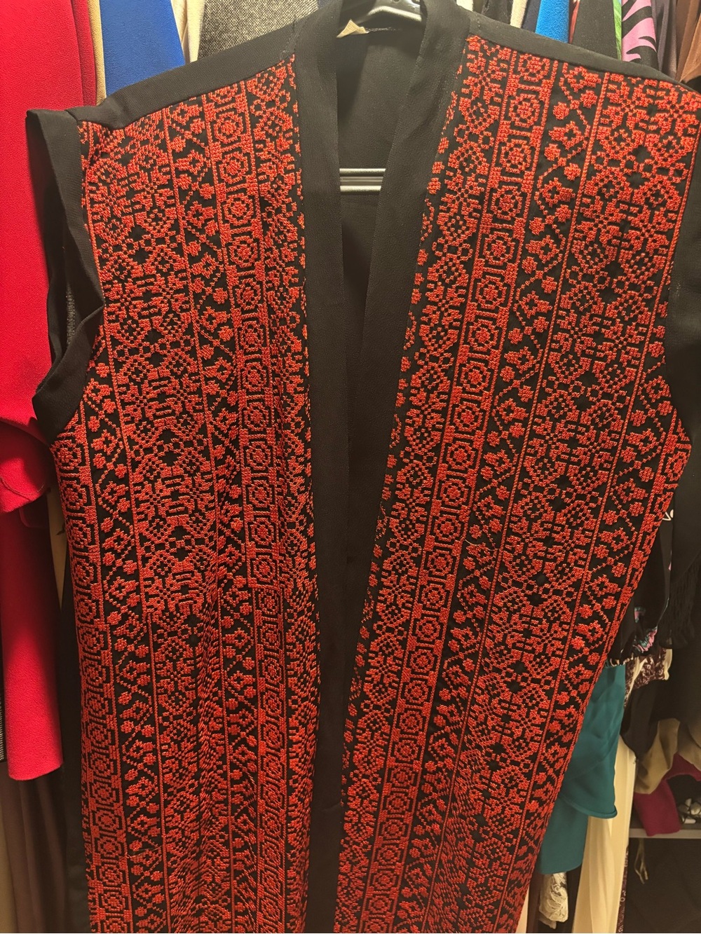 Men's Black & Red Embroidered Long Vest Jacket